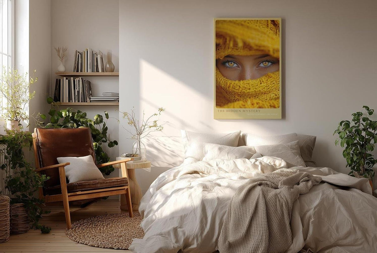 Paul Sinus Wandbild in 40x60cm The Hidden Mystery – Intensives Porträt mit goldenen Augen und gelbem Schal in Nahaufnahme