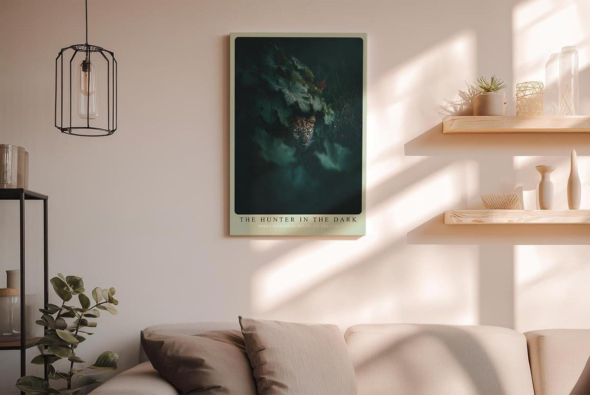Paul Sinus Wandbild in 40x60cm The Hunter in the Dark – Leopard im Schatten dichter Blätter mit intensiven Augen