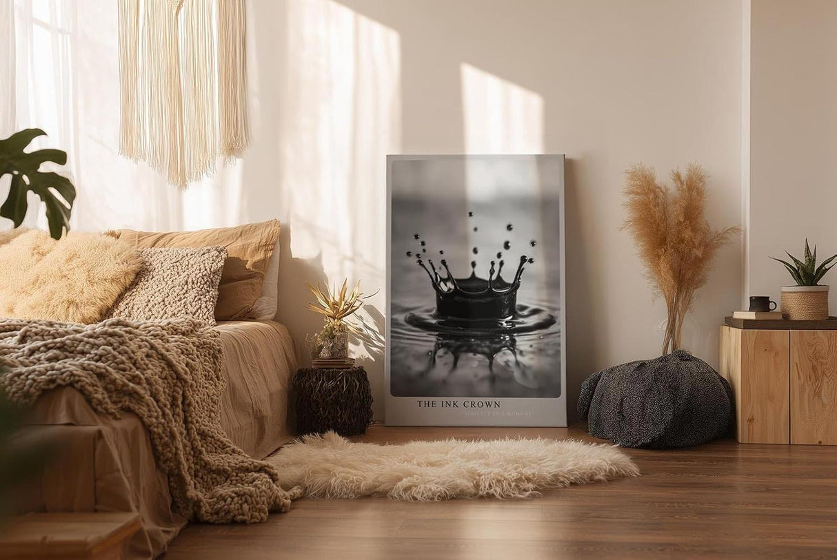 Paul Sinus Wandbild in 40x60cm The Ink Crown – Schwarz-Weiß-Aufnahme einer Wasserkrone im Moment des Aufpralls