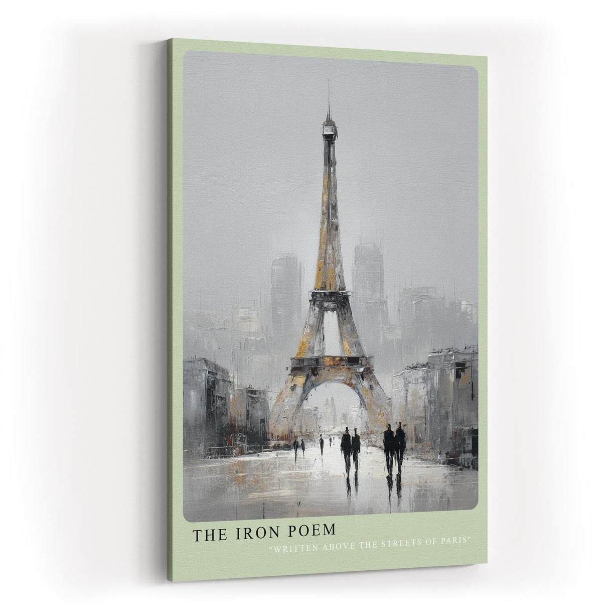 Paul Sinus Wandbild in 40x60cm The Iron Poem Eiffelturm in impressionistischer Darstellung mit Figuren im Vordergrund und grauer Stadtstimmung