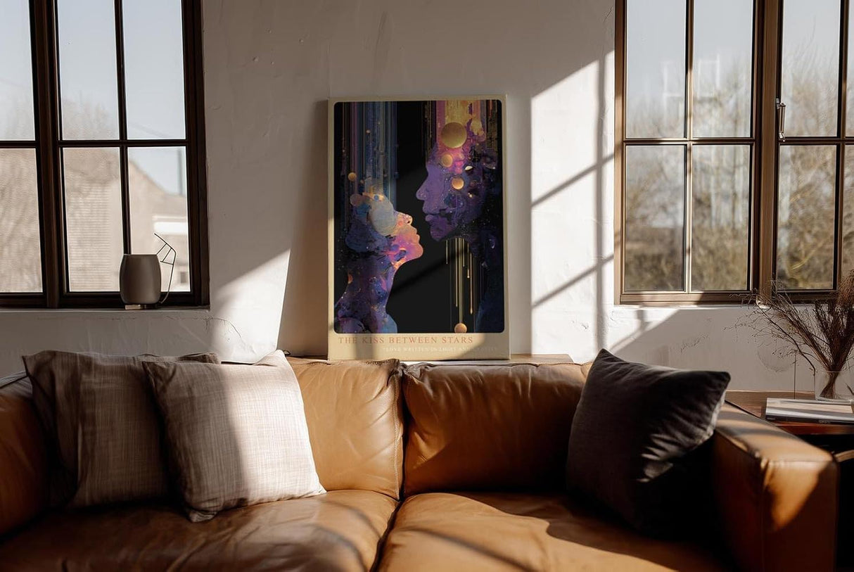 Paul Sinus Wandbild in 40x60cm The Kiss Between Stars – abstrakte Silhouetten im kosmischen Lichtspiel, kunstvolle Darstellung von Nähe und Universum