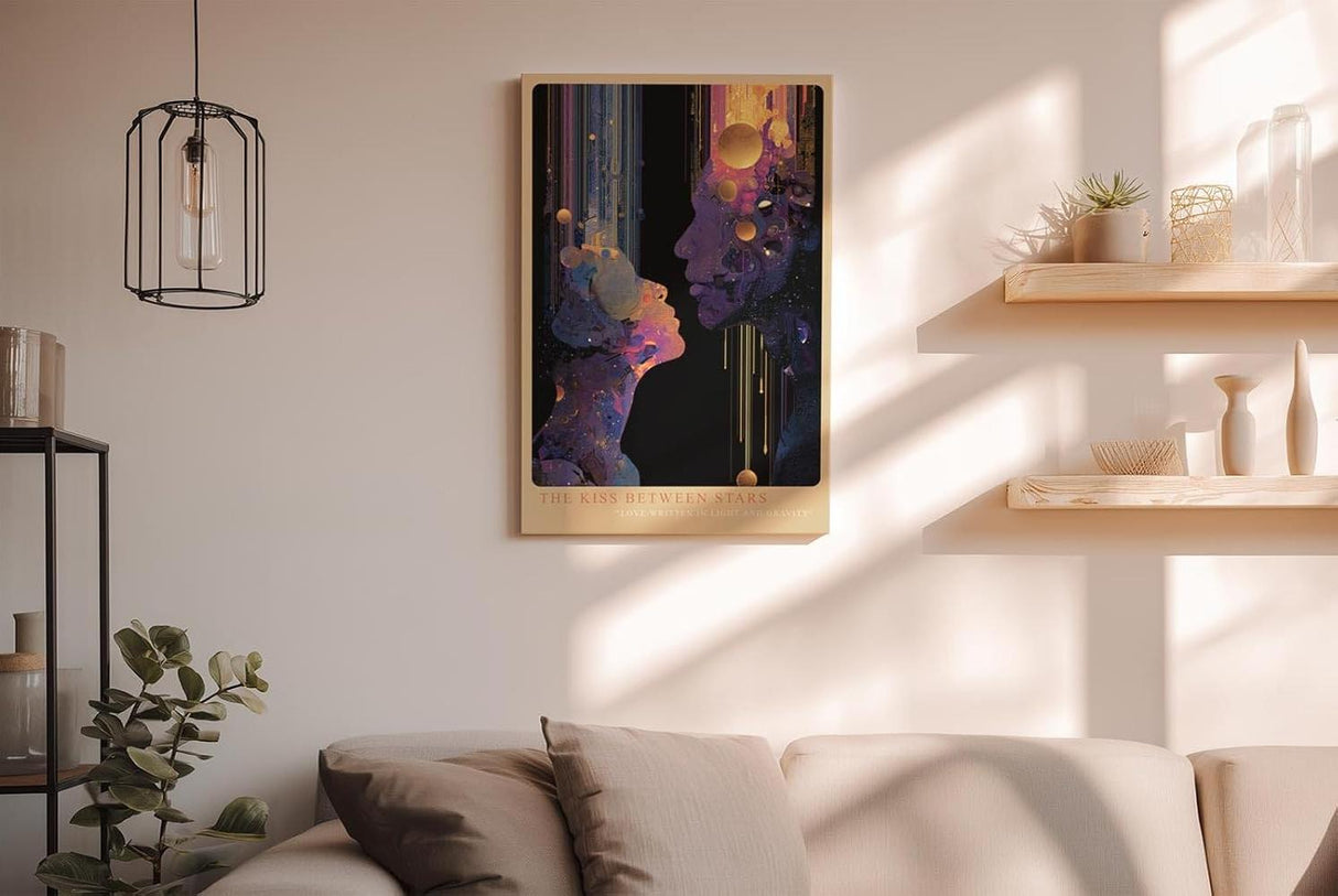 Paul Sinus Wandbild in 40x60cm The Kiss Between Stars – abstrakte Silhouetten im kosmischen Lichtspiel, kunstvolle Darstellung von Nähe und Universum