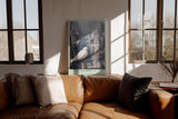 Paul Sinus Wandbild in 40x60cm The Last Dove – Weiße Taube in futuristischer Stadtlandschaft
