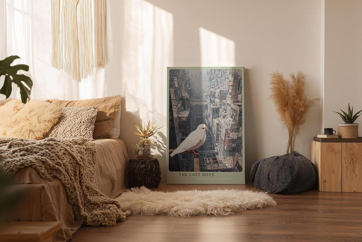 Paul Sinus Wandbild in 40x60cm The Last Dove – Weiße Taube in futuristischer Stadtlandschaft