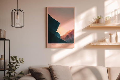 Paul Sinus Wandbild in 40x60cm The Last Light – Abstraktes Bergmotiv in sanften Rosaund Blautönen für moderne Wohnräume