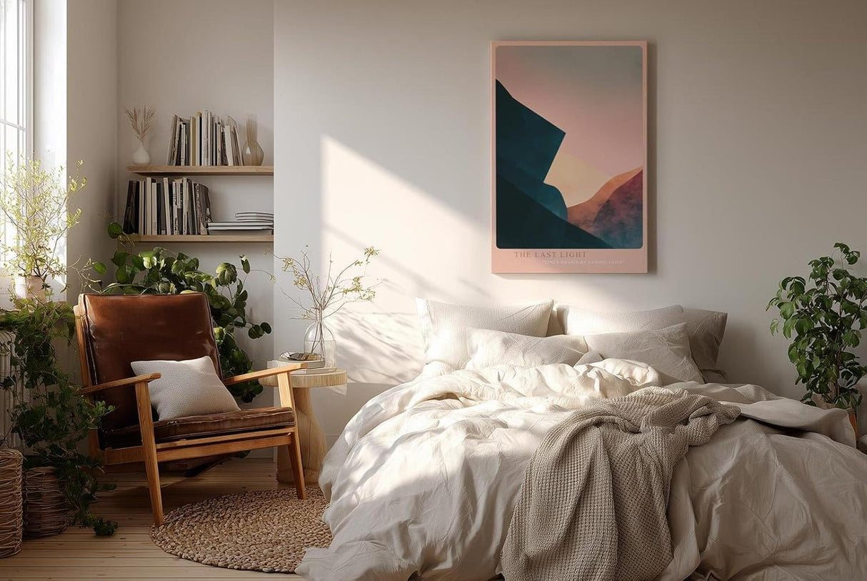 Paul Sinus Wandbild in 40x60cm The Last Light – Abstraktes Bergmotiv in sanften Rosaund Blautönen für moderne Wohnräume