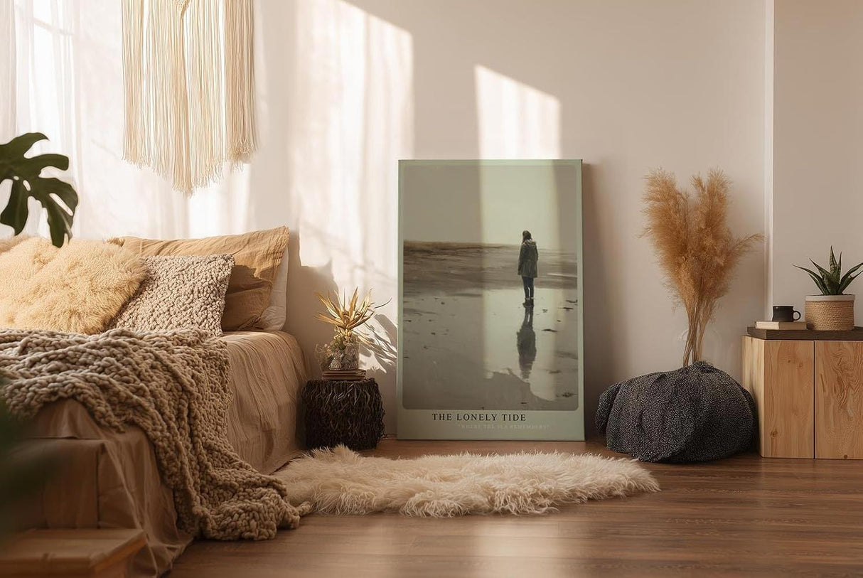 Paul Sinus Wandbild in 40x60cm The Lonely Tide Einsame Figur am Strand mit Spiegelung im Wasser in sanften, gedeckten Farbtönen