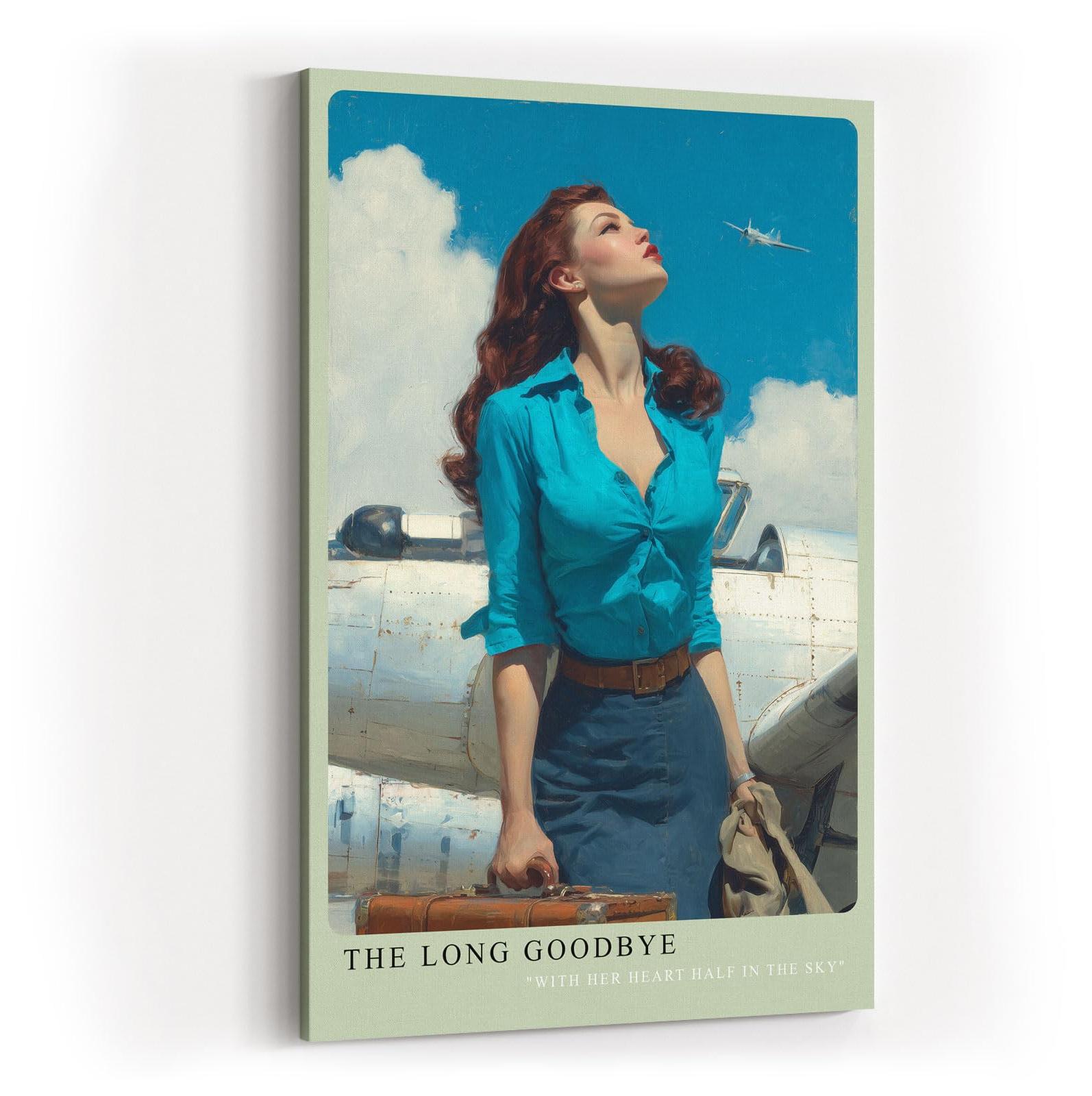 Paul Sinus Wandbild in 40x60cm The Long Goodbye mit stilvoller Frau vor silbernem Flugzeug und Blick in den Himmel für elegante Wandgestaltung
