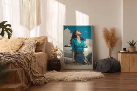Paul Sinus Wandbild in 40x60cm The Long Goodbye mit stilvoller Frau vor silbernem Flugzeug und Blick in den Himmel für elegante Wandgestaltung