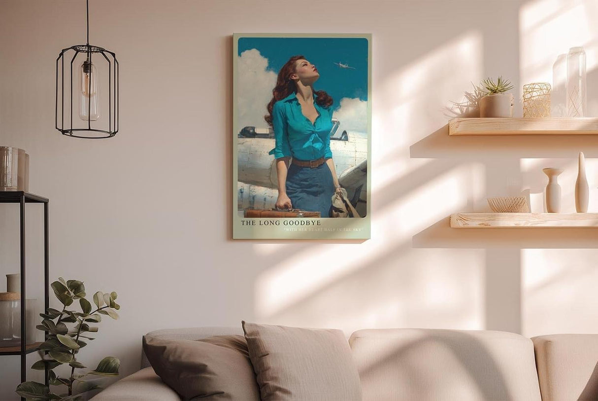 Paul Sinus Wandbild in 40x60cm The Long Goodbye mit stilvoller Frau vor silbernem Flugzeug und Blick in den Himmel für elegante Wandgestaltung