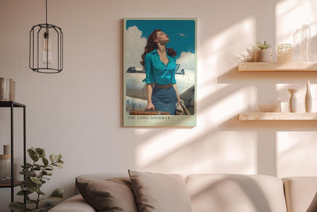 Paul Sinus Wandbild in 40x60cm The Long Goodbye mit stilvoller Frau vor silbernem Flugzeug und Blick in den Himmel für elegante Wandgestaltung