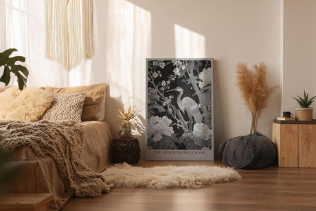 Paul Sinus Wandbild in 40x60cm The Monochrome Crane mit Kranich und Blüten in Schwarz-Weiß-Optik für stilvolle Wandgestaltung