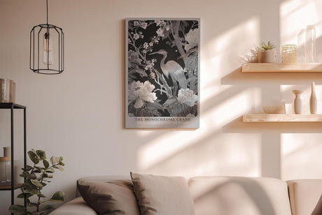 Paul Sinus Wandbild in 40x60cm The Monochrome Crane mit Kranich und Blüten in Schwarz-Weiß-Optik für stilvolle Wandgestaltung
