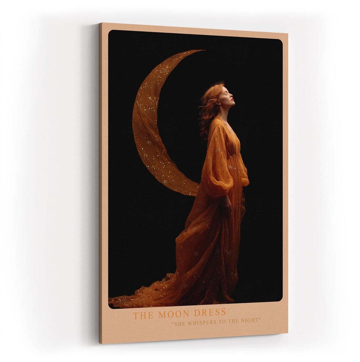 Paul Sinus Wandbild in 40x60cm The Moon Dress Elegante Frau in goldenem Kleid vor Mondsichel auf schwarzem Hintergrund