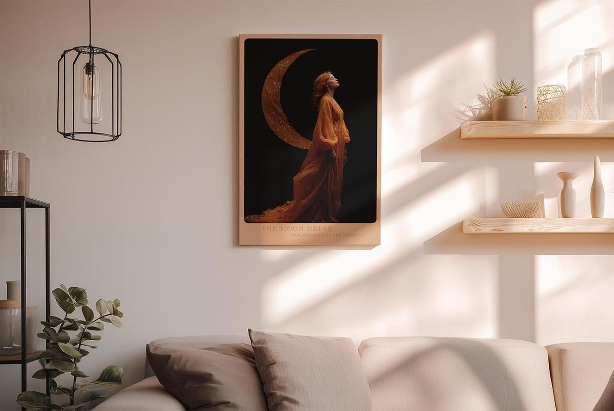 Paul Sinus Wandbild in 40x60cm The Moon Dress Elegante Frau in goldenem Kleid vor Mondsichel auf schwarzem Hintergrund