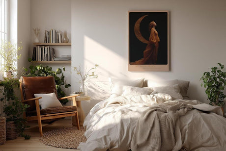 Paul Sinus Wandbild in 40x60cm The Moon Dress Elegante Frau in goldenem Kleid vor Mondsichel auf schwarzem Hintergrund