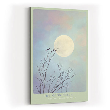 Paul Sinus Wandbild in 40x60cm The Moon Perch Vögel auf kahlen Ästen vor großem Mond im sanften Farbenspiel aus Blau und Rosa