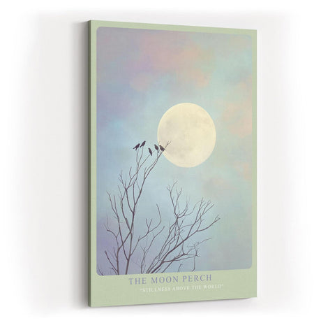 Paul Sinus Wandbild in 40x60cm The Moon Perch Vögel auf kahlen Ästen vor großem Mond im sanften Farbenspiel aus Blau und Rosa