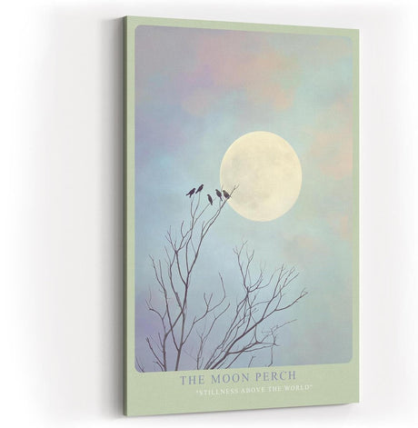 Paul Sinus Wandbild in 40x60cm The Moon Perch Vögel auf kahlen Ästen vor großem Mond im sanften Farbenspiel aus Blau und Rosa