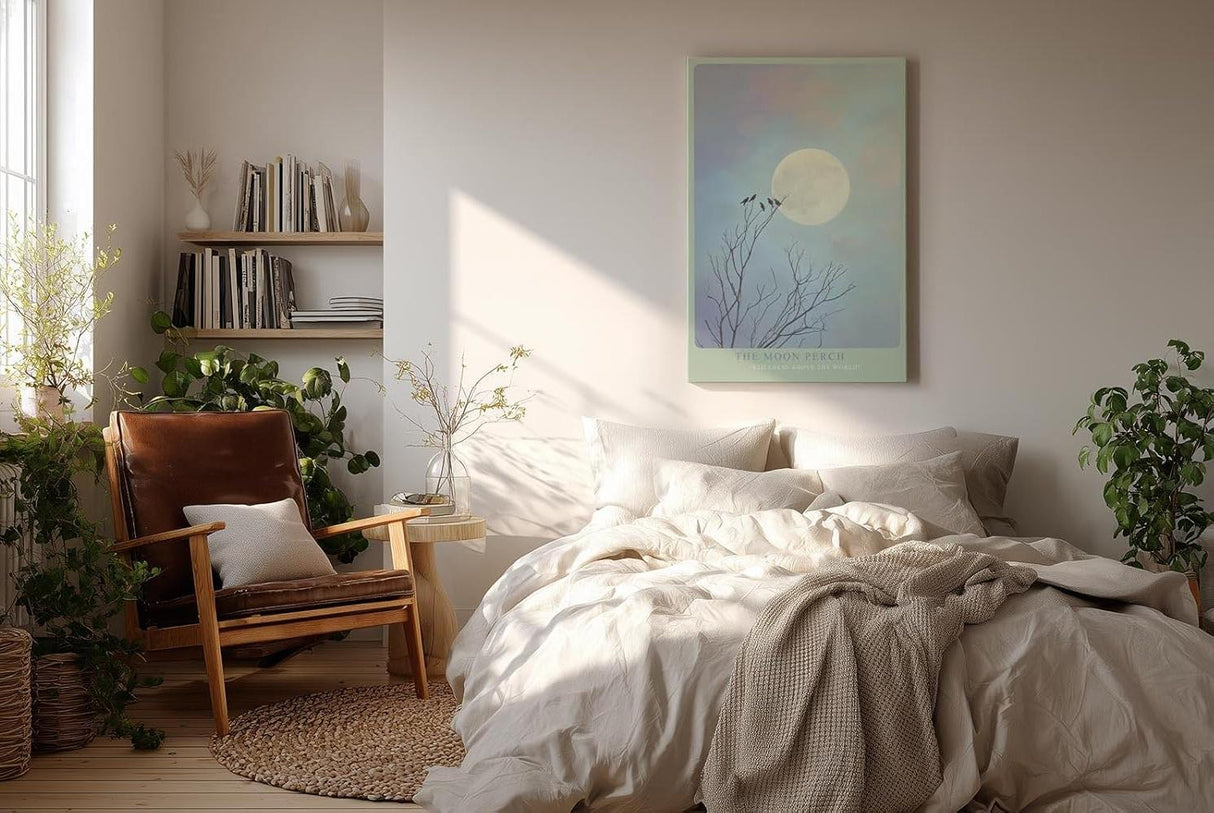 Paul Sinus Wandbild in 40x60cm The Moon Perch Vögel auf kahlen Ästen vor großem Mond im sanften Farbenspiel aus Blau und Rosa