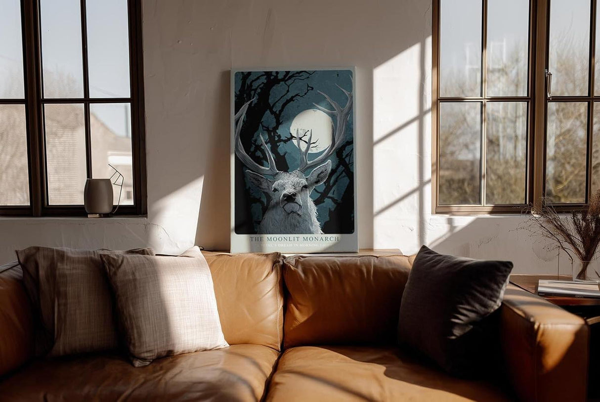 Paul Sinus Wandbild in 40x60cm The Moonlit Monarch – stolzer Hirsch unter dem Mondlicht, kunstvolle Waldillustration in tiefen Blautönen