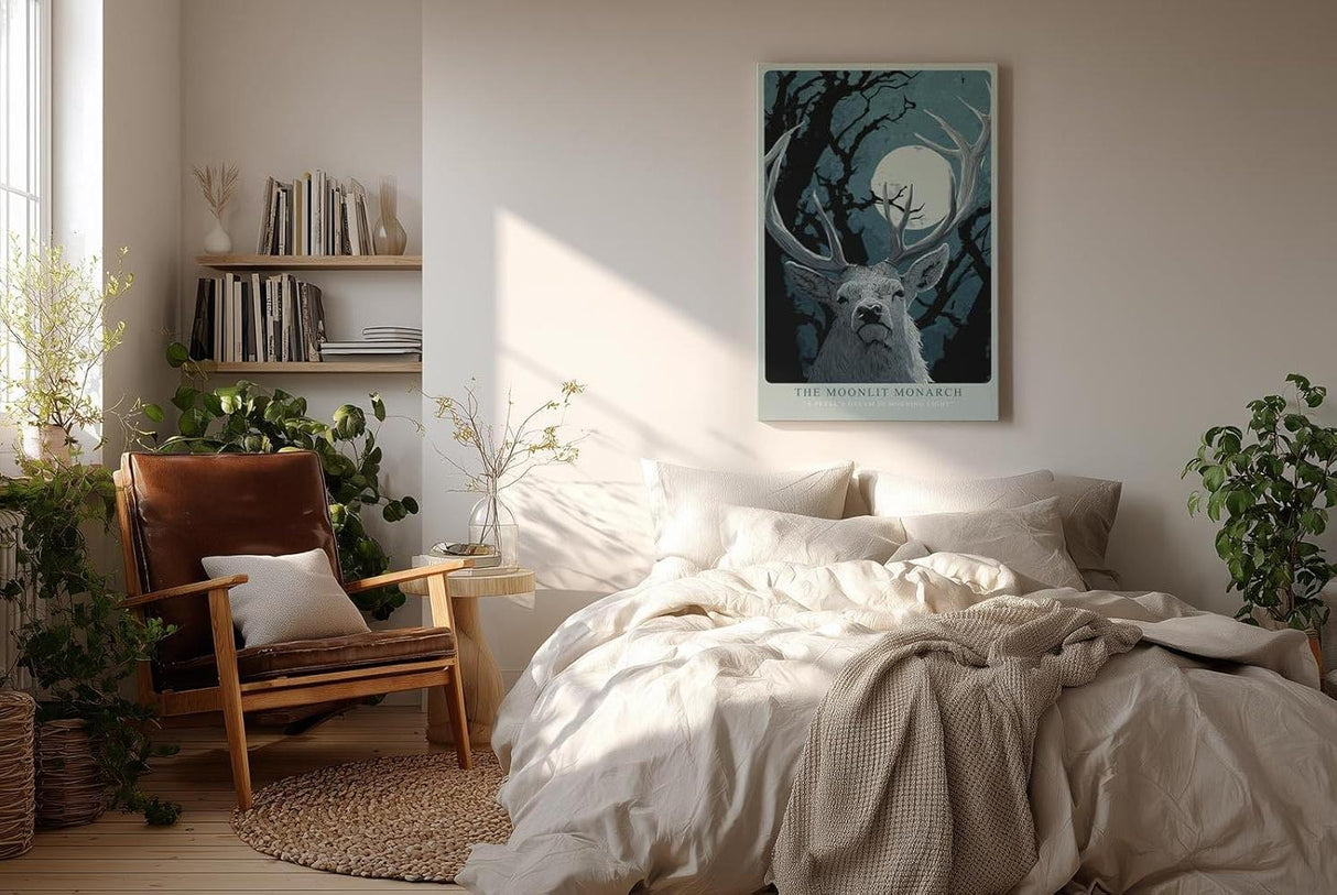 Paul Sinus Wandbild in 40x60cm The Moonlit Monarch – stolzer Hirsch unter dem Mondlicht, kunstvolle Waldillustration in tiefen Blautönen