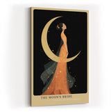 Paul Sinus Wandbild in 40x60cm The Moons Bride Elegante Frau in orangefarbenem Kleid vor goldener Mondsichel mit floralen Akzenten und romantischem Flair