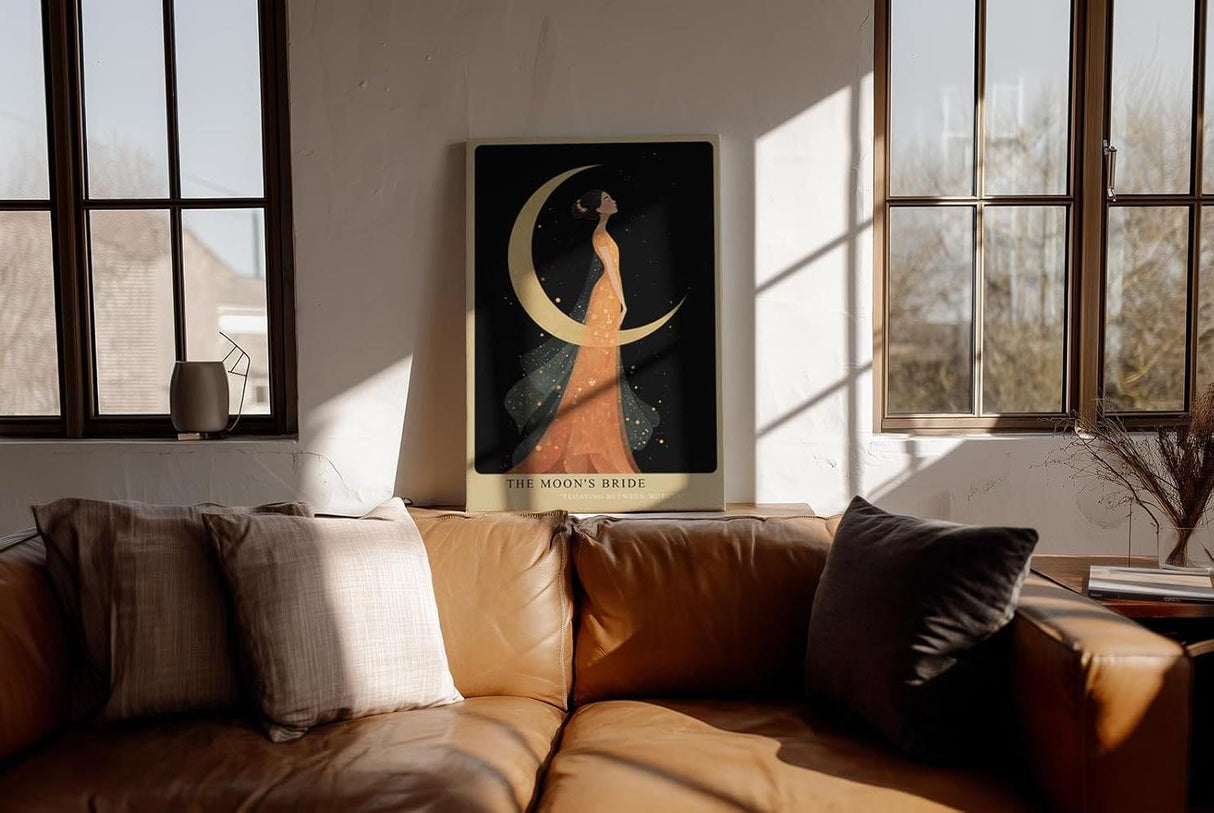 Paul Sinus Wandbild in 40x60cm The Moons Bride Elegante Frau in orangefarbenem Kleid vor goldener Mondsichel mit floralen Akzenten und romantischem Flair