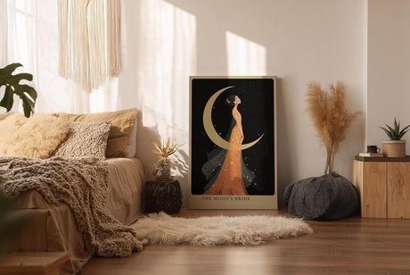Paul Sinus Wandbild in 40x60cm The Moons Bride Elegante Frau in orangefarbenem Kleid vor goldener Mondsichel mit floralen Akzenten und romantischem Flair