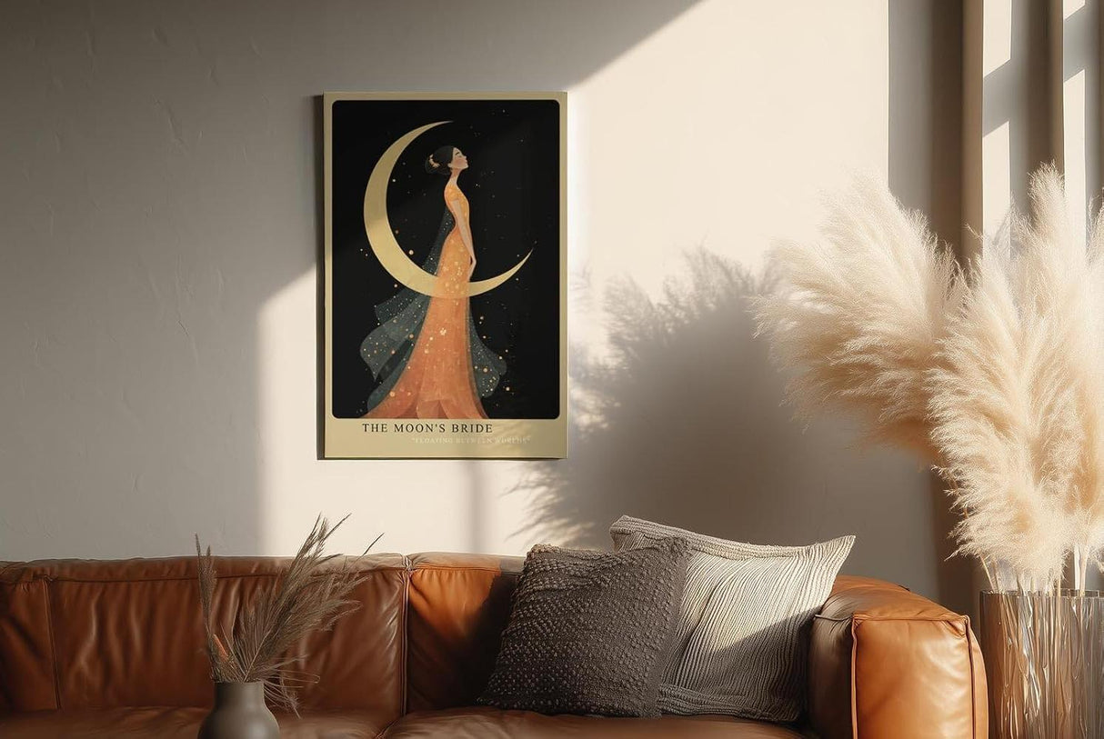 Paul Sinus Wandbild in 40x60cm The Moons Bride Elegante Frau in orangefarbenem Kleid vor goldener Mondsichel mit floralen Akzenten und romantischem Flair