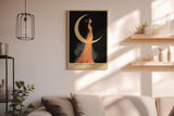Paul Sinus Wandbild in 40x60cm The Moons Bride Elegante Frau in orangefarbenem Kleid vor goldener Mondsichel mit floralen Akzenten und romantischem Flair