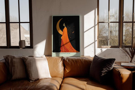 Paul Sinus Wandbild in 40x60cm The Moonwalker Illustration einer Frau im orangefarbenen Kleid vor Mondsichel mit eleganter, verträumter Ausstrahlung