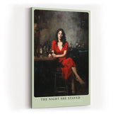 Paul Sinus Wandbild in 40x60cm The Night She Stayed Frau im roten Kleid in Bar-Szene mit Glas Wein in atmosphärischem Ölmalstil