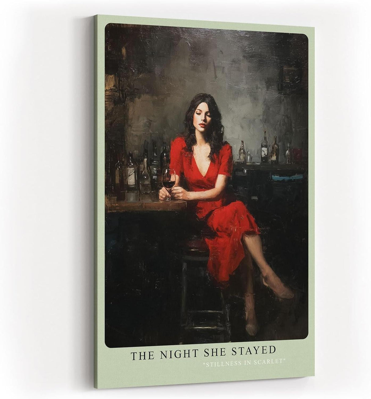 Paul Sinus Wandbild in 40x60cm The Night She Stayed Frau im roten Kleid in Bar-Szene mit Glas Wein in atmosphärischem Ölmalstil