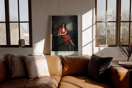 Paul Sinus Wandbild in 40x60cm The Night She Stayed Frau im roten Kleid in Bar-Szene mit Glas Wein in atmosphärischem Ölmalstil