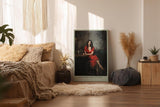 Paul Sinus Wandbild in 40x60cm The Night She Stayed Frau im roten Kleid in Bar-Szene mit Glas Wein in atmosphärischem Ölmalstil