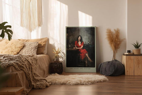 Paul Sinus Wandbild in 40x60cm The Night She Stayed Frau im roten Kleid in Bar-Szene mit Glas Wein in atmosphärischem Ölmalstil