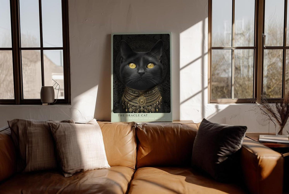 Paul Sinus Wandbild in 40x60cm The Oracle Cat mit schwarzer Katze und goldenen Augen vor ornamentalem Hintergrund für edle Wandgestaltung