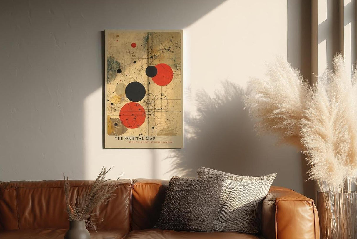 Paul Sinus Wandbild in 40x60cm The Orbital Map – Abstraktes Spiel aus roten und schwarzen Kreisen auf beigem Hintergrund mit feinen Linien wie unsichtbare Kräfte