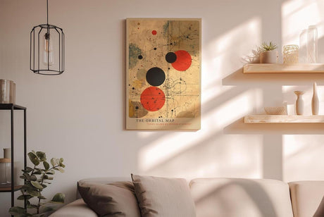 Paul Sinus Wandbild in 40x60cm The Orbital Map – Abstraktes Spiel aus roten und schwarzen Kreisen auf beigem Hintergrund mit feinen Linien wie unsichtbare Kräfte