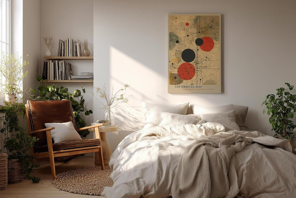 Paul Sinus Wandbild in 40x60cm The Orbital Map – Abstraktes Spiel aus roten und schwarzen Kreisen auf beigem Hintergrund mit feinen Linien wie unsichtbare Kräfte