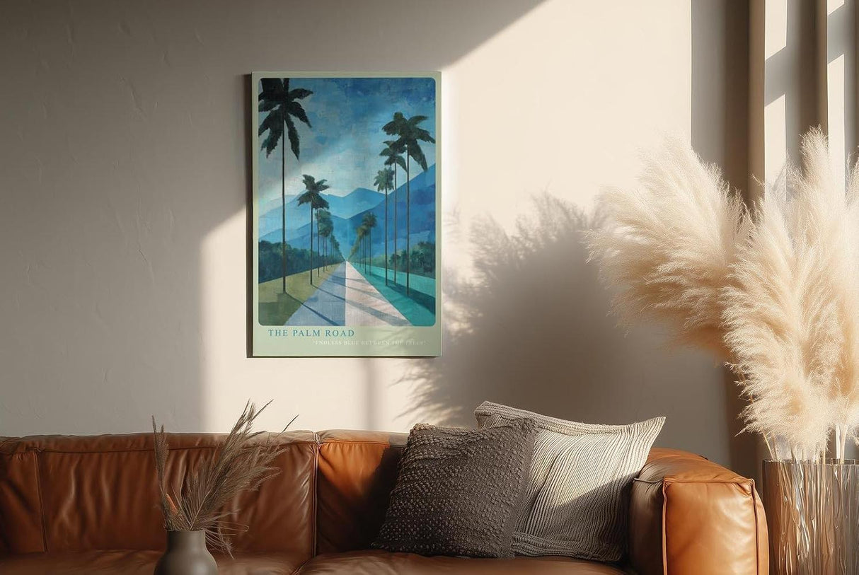 Paul Sinus Wandbild in 40x60cm The Palm Road mit malerischen Palmen und blauem Gebirgsblick in endloser Tiefe für stilvolle Raumgestaltung