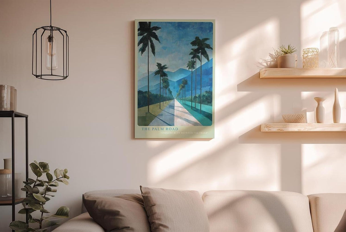 Paul Sinus Wandbild in 40x60cm The Palm Road mit malerischen Palmen und blauem Gebirgsblick in endloser Tiefe für stilvolle Raumgestaltung