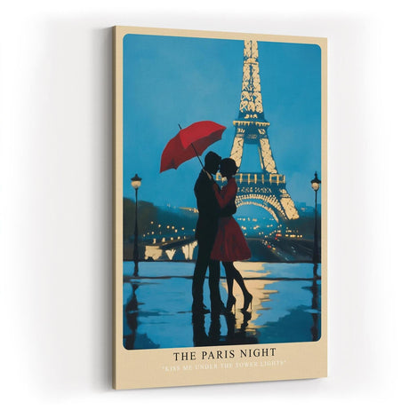 Paul Sinus Wandbild in 40x60cm The Paris Night – romantische Pariser Nachtszene mit Paar und rotem Schirm vor dem Eiffelturm für elegante Raumgestaltung