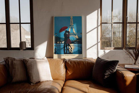 Paul Sinus Wandbild in 40x60cm The Paris Night – romantische Pariser Nachtszene mit Paar und rotem Schirm vor dem Eiffelturm für elegante Raumgestaltung