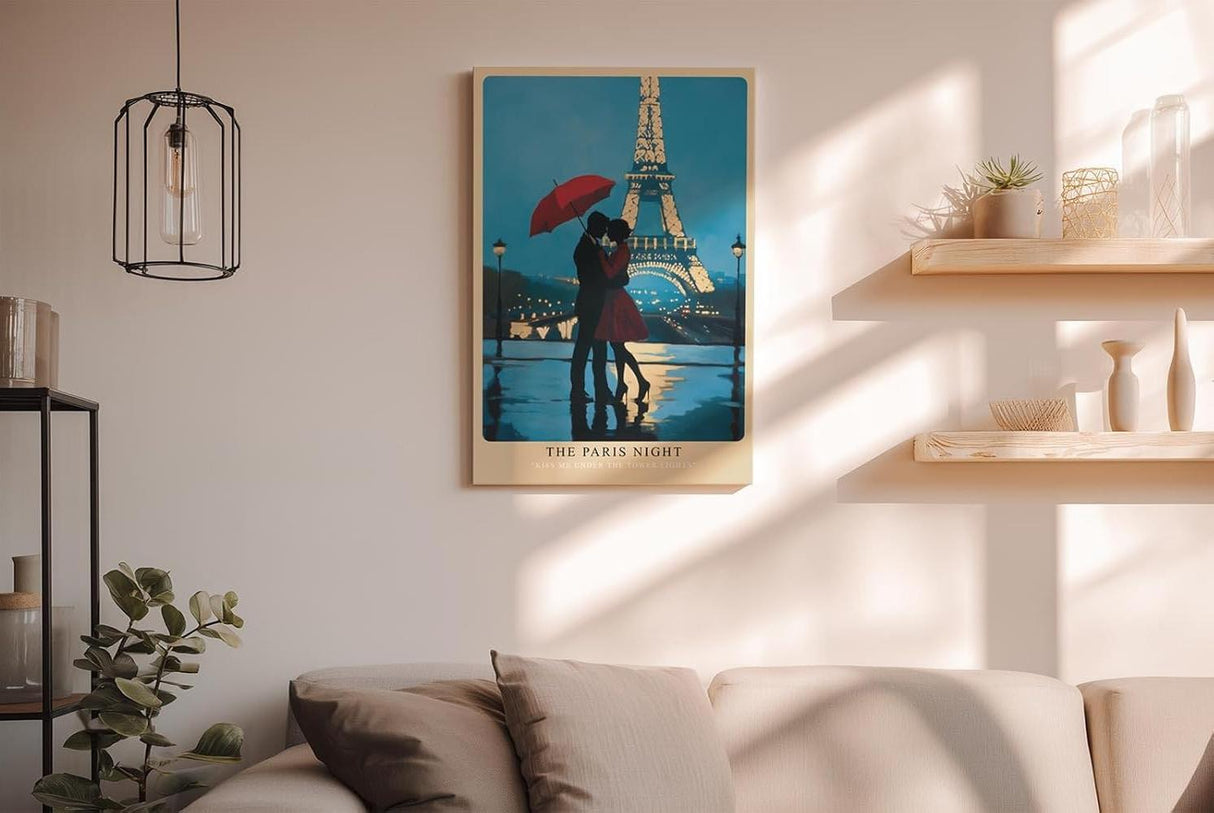 Paul Sinus Wandbild in 40x60cm The Paris Night – romantische Pariser Nachtszene mit Paar und rotem Schirm vor dem Eiffelturm für elegante Raumgestaltung