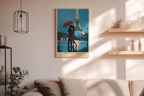 Paul Sinus Wandbild in 40x60cm The Paris Night – romantische Pariser Nachtszene mit Paar und rotem Schirm vor dem Eiffelturm für elegante Raumgestaltung