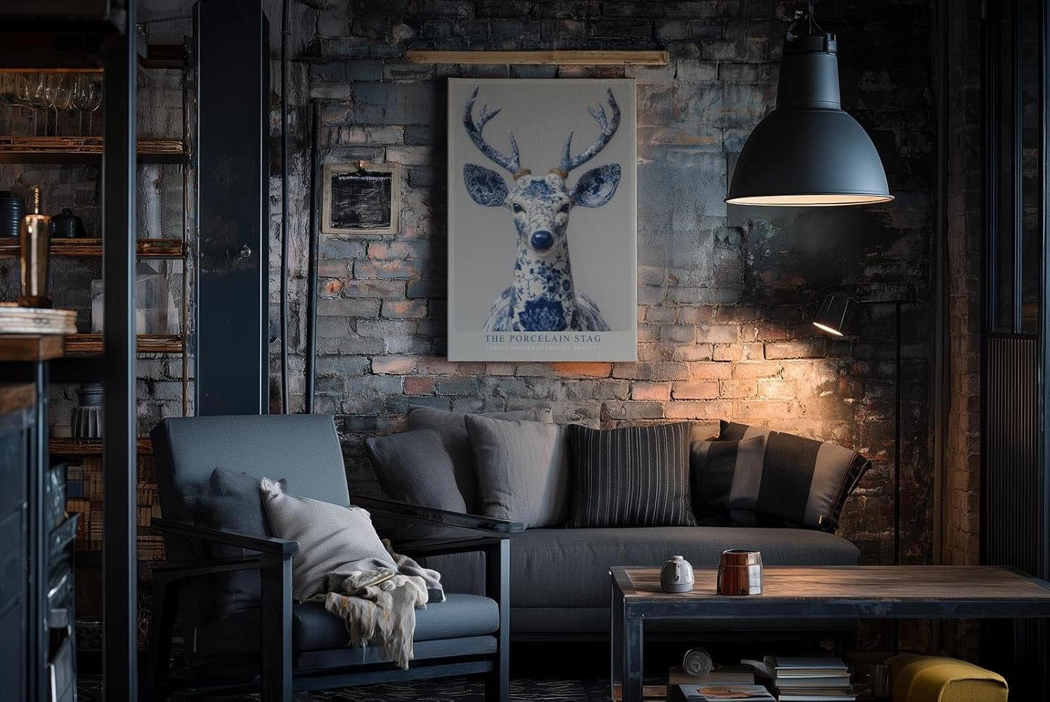 Paul Sinus Wandbild in 40x60cm The Porcelain Stag in edler Blau-Weiß-Optik – kunstvolle Hirschdarstellung mit filigranen Mustern für stilvolle Wohnräume
