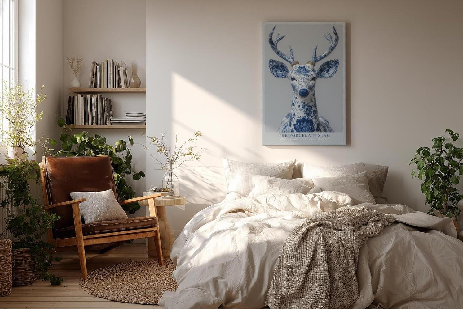 Paul Sinus Wandbild in 40x60cm The Porcelain Stag in edler Blau-Weiß-Optik – kunstvolle Hirschdarstellung mit filigranen Mustern für stilvolle Wohnräume