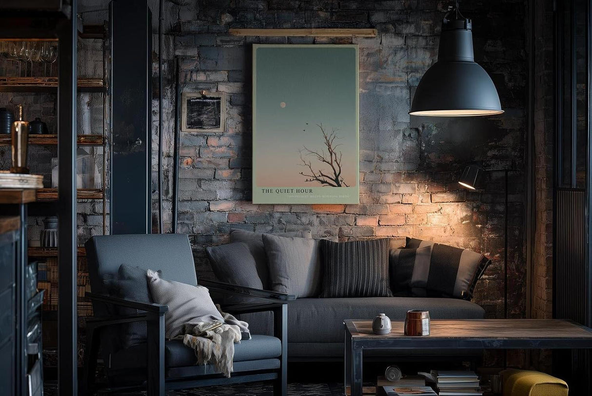 Paul Sinus Wandbild in 40x60cm The Quiet Hour Minimalistische Landschaft mit Baum, Vögeln und Mond im sanften Farbverlauf von Blau zu Rosa